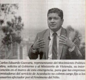 Representante Carlos Guevara solicita al Gobierno Nacional NO cobrar cargo fijo en municipios afectados por Fenómeno del Niño