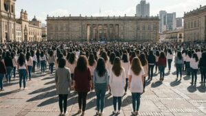 Cientos de mujeres de espaldas en la Plaza de Bolívar de Bogotá manifestándose contra el feminicidio y la violencia de género.