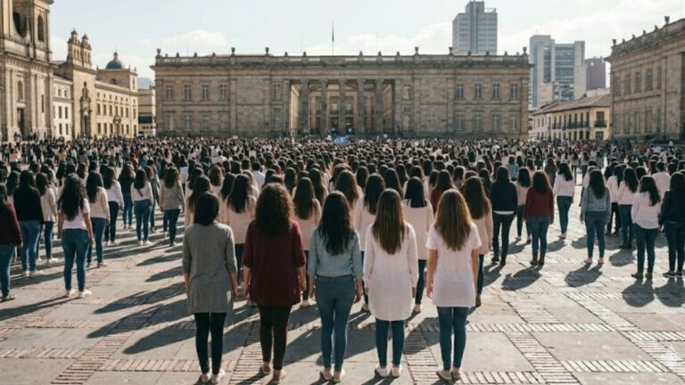 Cientos de mujeres de espaldas en la Plaza de Bolívar de Bogotá manifestándose contra el feminicidio y la violencia de género.