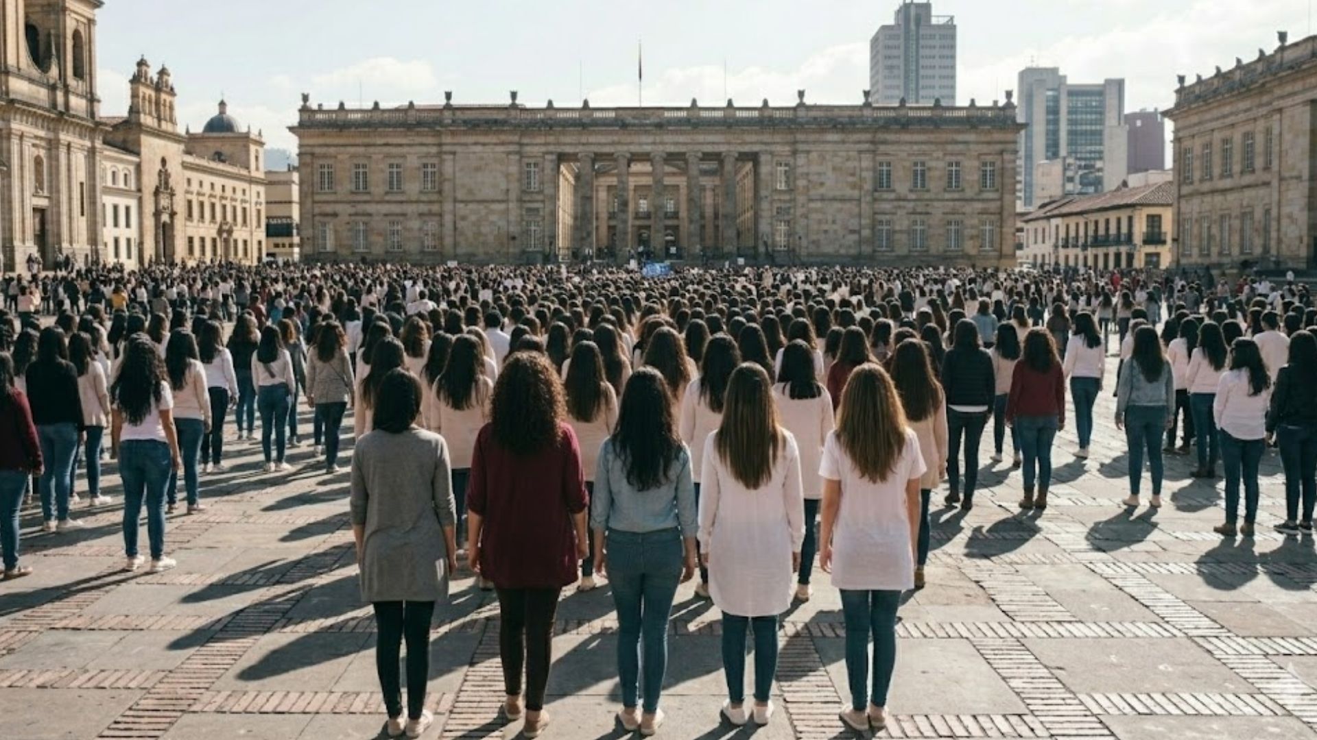 Cientos de mujeres de espaldas en la Plaza de Bolívar de Bogotá manifestándose contra el feminicidio y la violencia de género.
