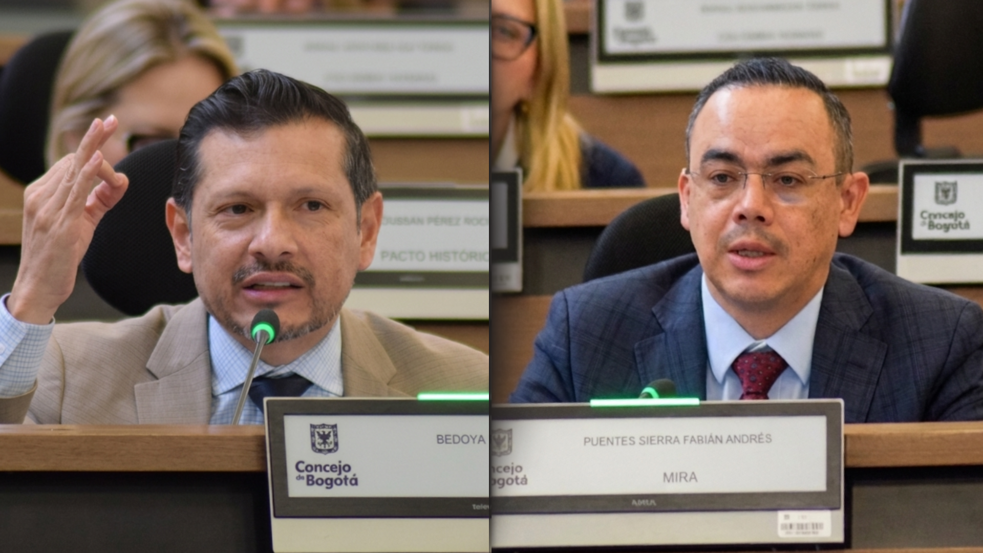 Concejales de Bogotá Samir Bedoya Piraquive y Fabián Andrés Puentes Sierra en sesión del Concejo.