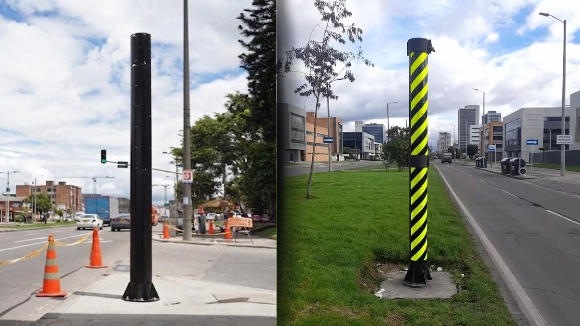 Antes y después de la señalización reflectiva en cámaras de fotomultas en Bogotá, propuesta por la Bancada del Partido MIRA.