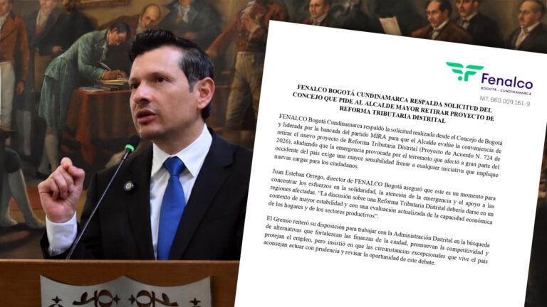 El concejal Samir Bedoya Piraquive durante su intervención junto a la carta de respaldo de Fenalco Bogotá sobre la reforma tributaria.