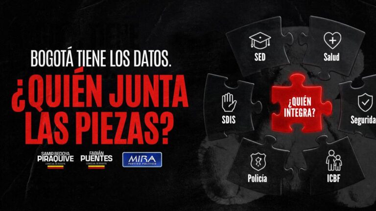 Pieza gráfica "Bogotá tiene los datos. ¿Quién junta las piezas?" de los concejales Samir Bedoya Piraquive y Fabián Puentes Sierra del Partido MIRA sobre protección de la niñez