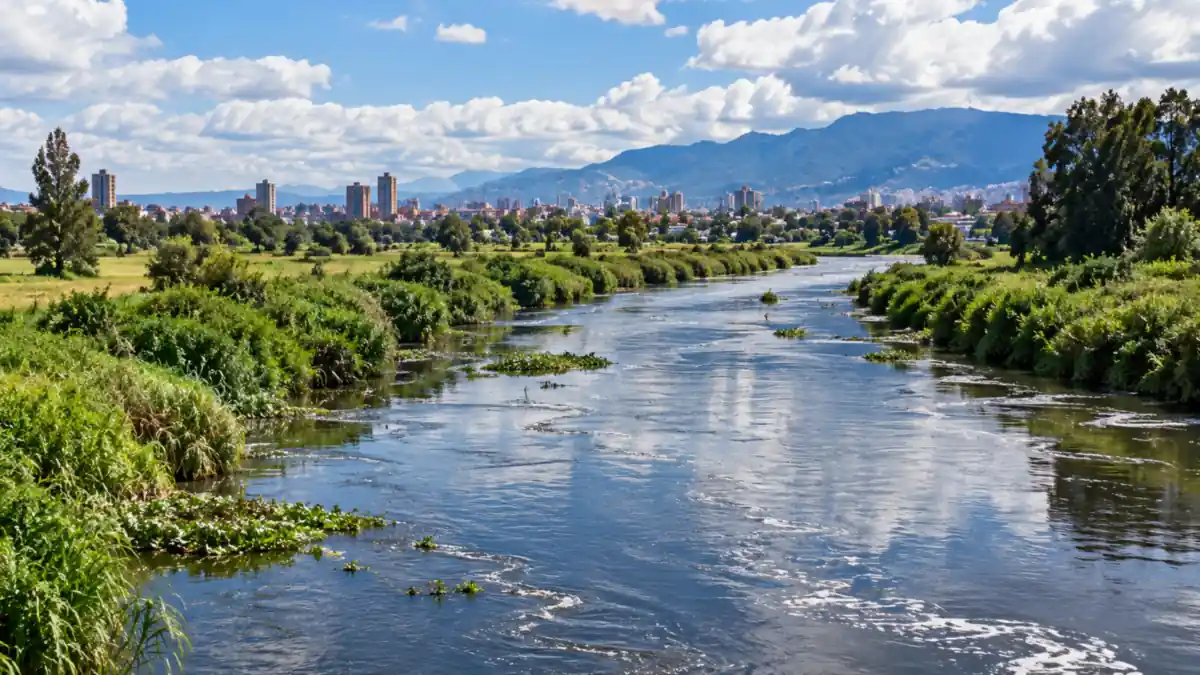 Río Bogotá con vegetación en sus orillas y la ciudad de Bogotá y los cerros al fondo