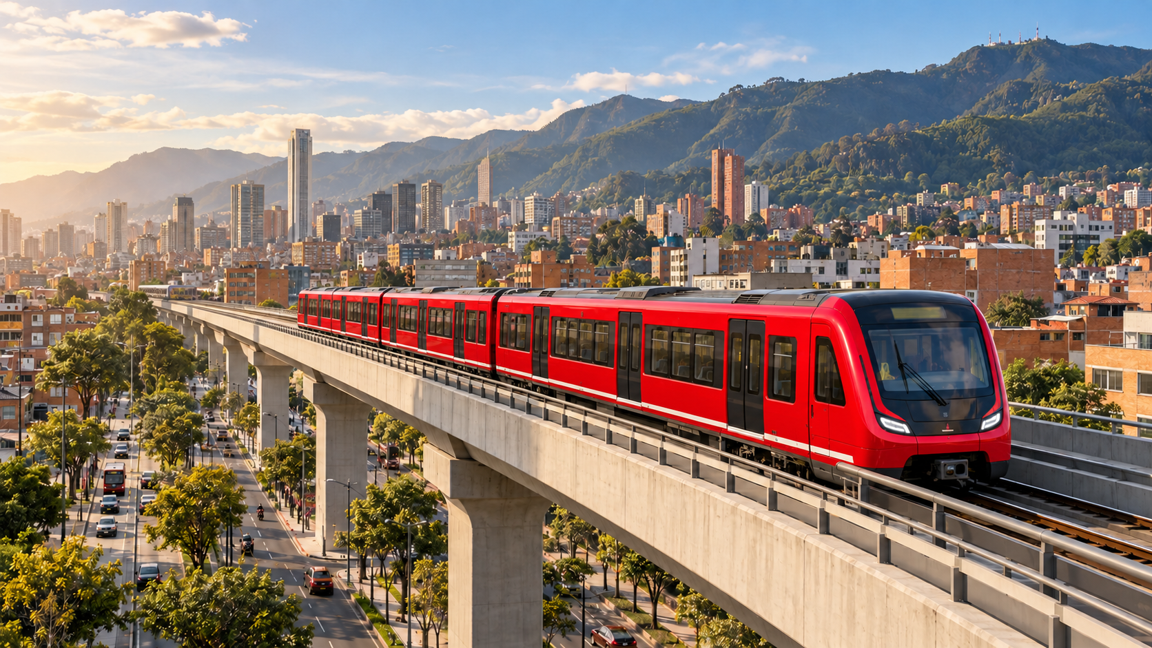 Ilustración conceptual del Metro de Bogotá con un tren rojo elevado sobre la ciudad y los Cerros Orientales al fondo.